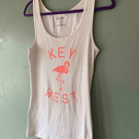 Stretchy white tank top with neon “Key West” and flamingo, size Large - Picture 6 of 7